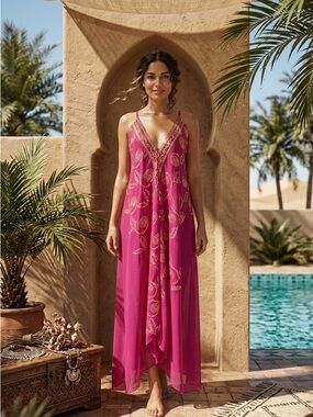 Pink Printed V-Neck Semi Sheer Maxi Dress/ Cover up